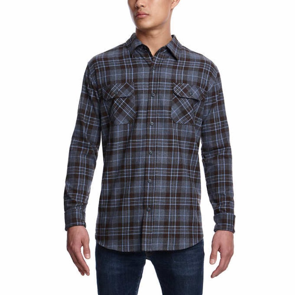 Weatherproof Vintage Mens Button-Up Shirt Blue Plaid Long Sleeve w Pockets L